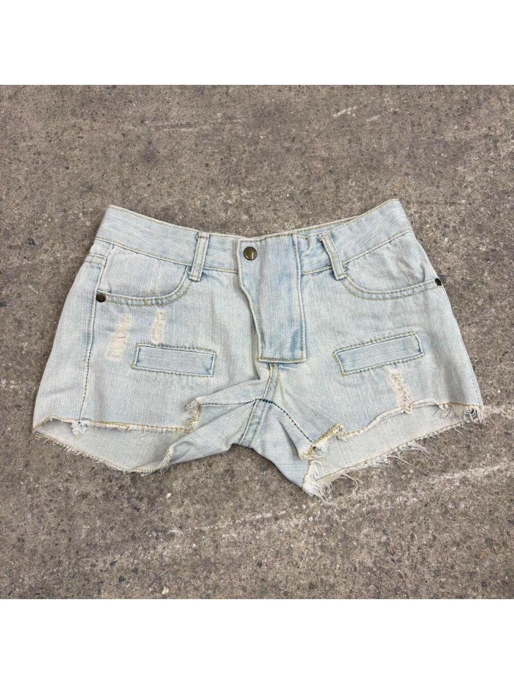 Vintage Y2K Low Rise Denim Micro Shorts Paneled Light Wash